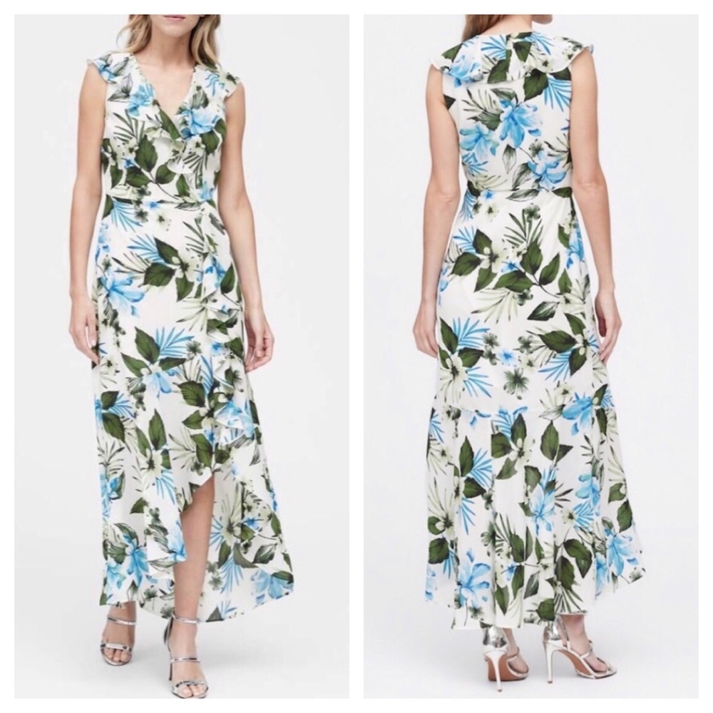 Banana Republic Floral Ruffle Maxi Dress 6 White Green